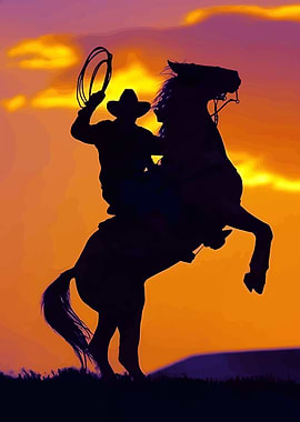 Cowboy Silhouette on Rearing Horse Sunset
