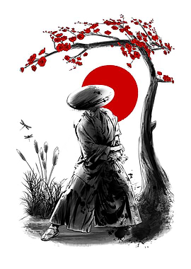 Samurai under Cherry Tree with Red Sun