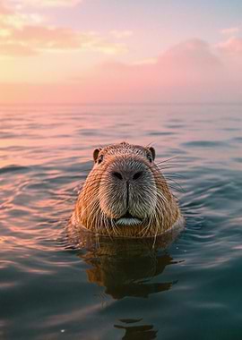 Capybara swimming in water at sunset