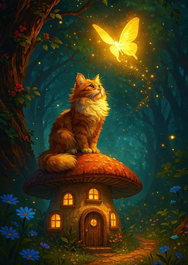 Cat on Mushroom House with Butterfly