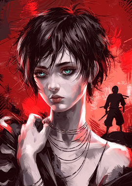 Girl with Ninja in Red Background