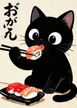 Black Cat Eating Sushi