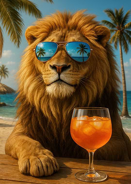 Lion with Sunglasses on Tropical Beach