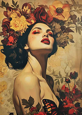 Floral Woman Portrait with Butterfly