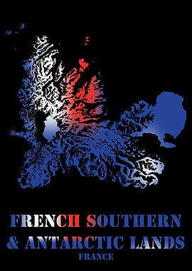 French Southern and Antarctic Lands Topographic Contour Map blending terrain features into its colorful flag
