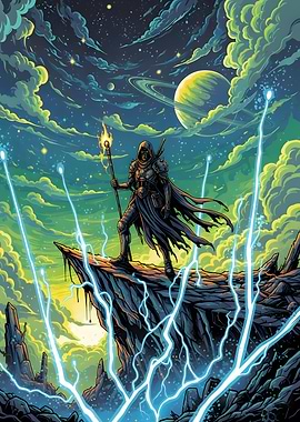 Hooded Figure on Cliff with Magic Staff