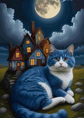 Blue Cat and Whimsical Houses