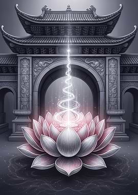 Lotus Flower with Asian Temple