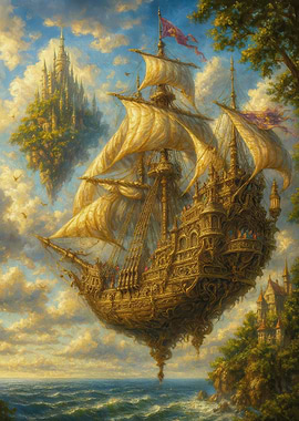 Fantasy Flying Ship with Floating Islands