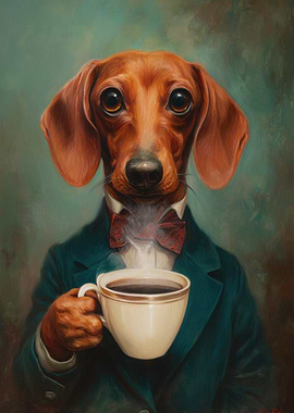 Dachshund with Coffee in Suit