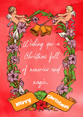 Vintage Christmas card with angels and bells