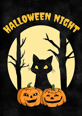 Halloween Night Cat and Pumpkins