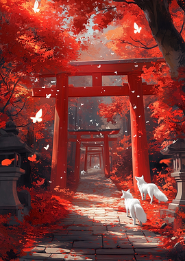 Japanese Torii Gate with White Foxes