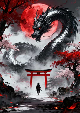 Dragon, Samurai, and Red Moon Landscape