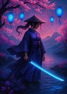 Samurai with Glowing Sword in Cherry Blossom