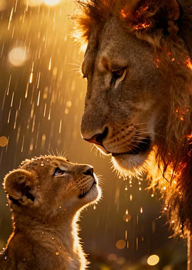 Lion and Cub in the Rain