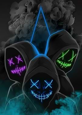 Hooded Figures with Neon Masks