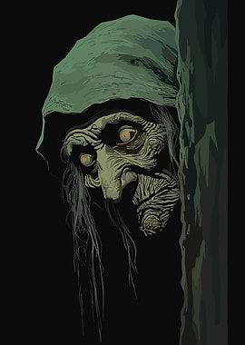 Creepy Witch Peeking from Behind Tree