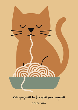 Cat Eating Spaghetti Illustration