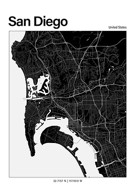 San Diego Black and White Map