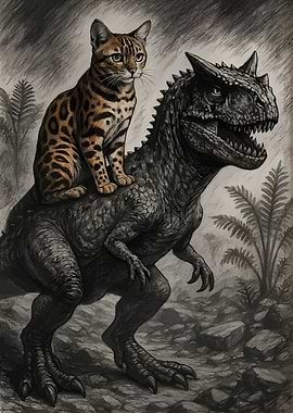 Cat riding a dinosaur
