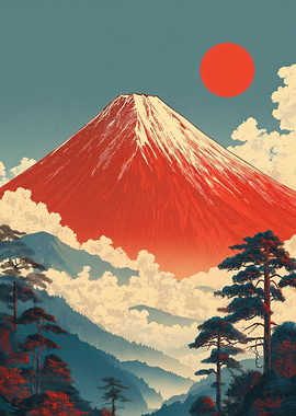 Mount Fuji Landscape with Red Sun