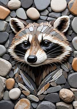 Raccoon mosaic art with stone background