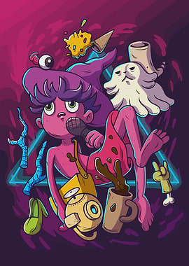 Surreal Cartoon Character with Floating Objects