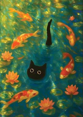 Cat and Koi Pond Painting