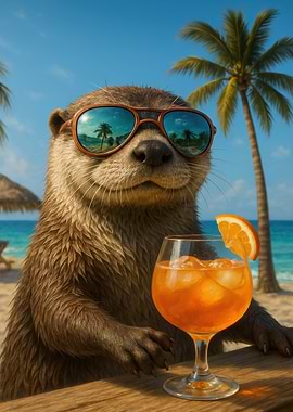 Cool Otter with Cocktail on Beach
