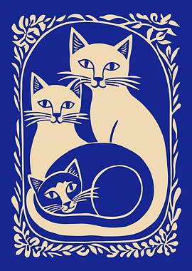 Three Cats in Floral Frame