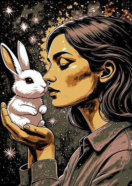 Woman with Rabbit in Starry Sky
