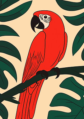 Red Parrot on Branch with Green Leaves