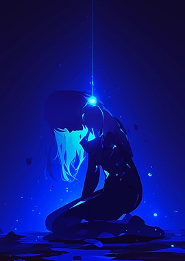 Blue Anime Girl Kneeling