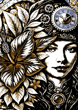 Steampunk Woman with Floral and Clockwork