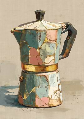Kintsugi Moka Pot — Wabi-Sabi Coffee Still Life Painting