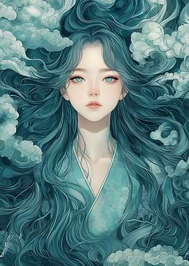 Anime Girl with Flowing Blue Hair
