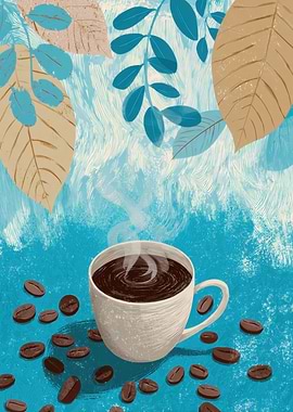 Coffee Cup with Beans and Leaves