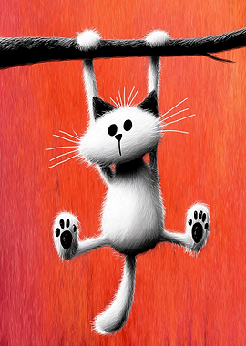 Cartoon Cat Hanging From Branch