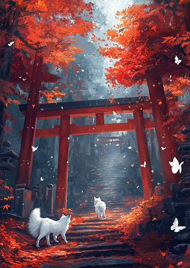 Autumn Torii Gate with White Wolves