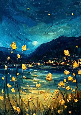 Night Landscape with Yellow Flowers Painting