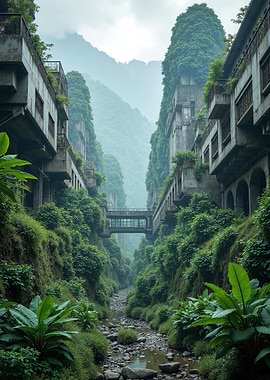 Overgrown Buildings and River Landscape