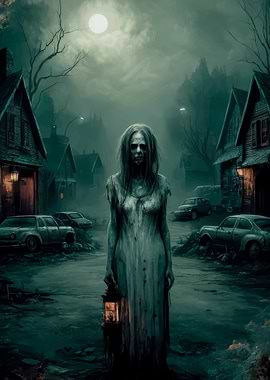 Ghostly figure in a haunted village