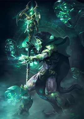 Fantasy Necromancer with Staff and Skulls