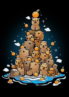 Capybara Pile with Oranges Illustration