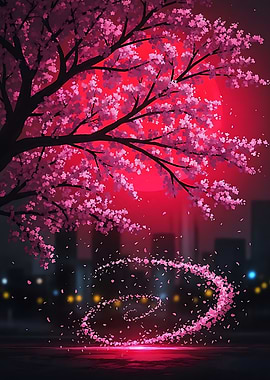 Cherry Blossom Tree with Red Moon
