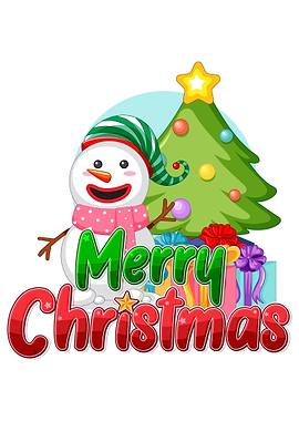 Merry Christmas Cartoon with Snowman and Tree