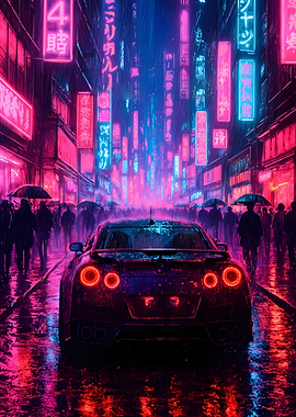 Cyberpunk Car in Rainy Neon City