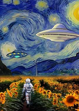Astronaut in Sunflower Field with UFOs
