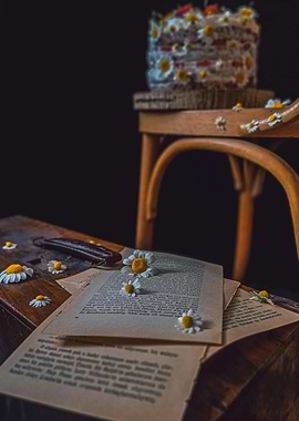 Daisies, Book Pages, and Cake Still Life